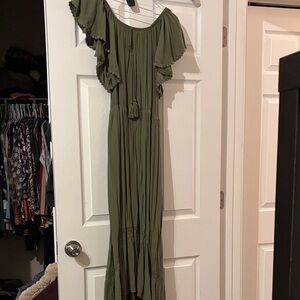 Boho style Long Olive Green Off-Shoulder Dress